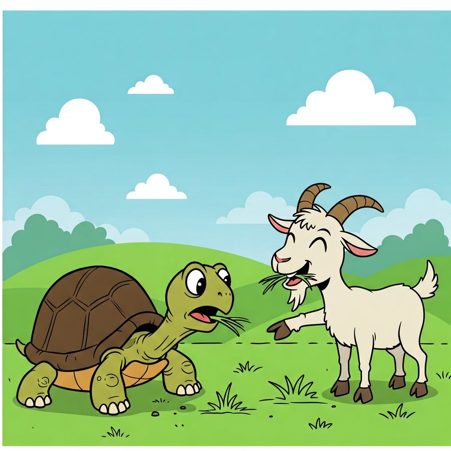 Tortoise and goat sharing grass